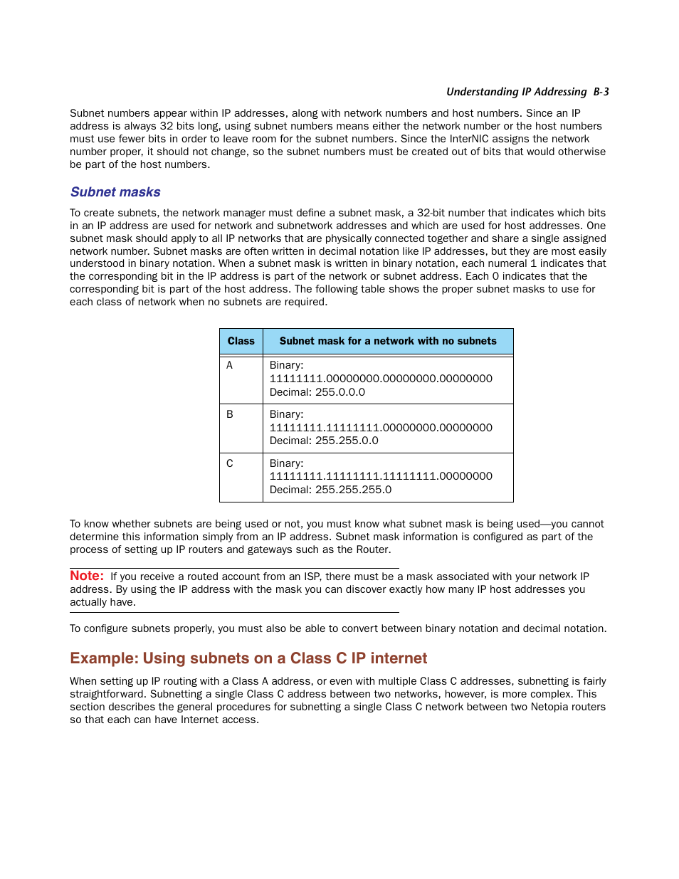 Subnet masks, Example: using subnets on a class c ip internet | Netopia Firmware 4000-Series User Manual | Page 295 / 314