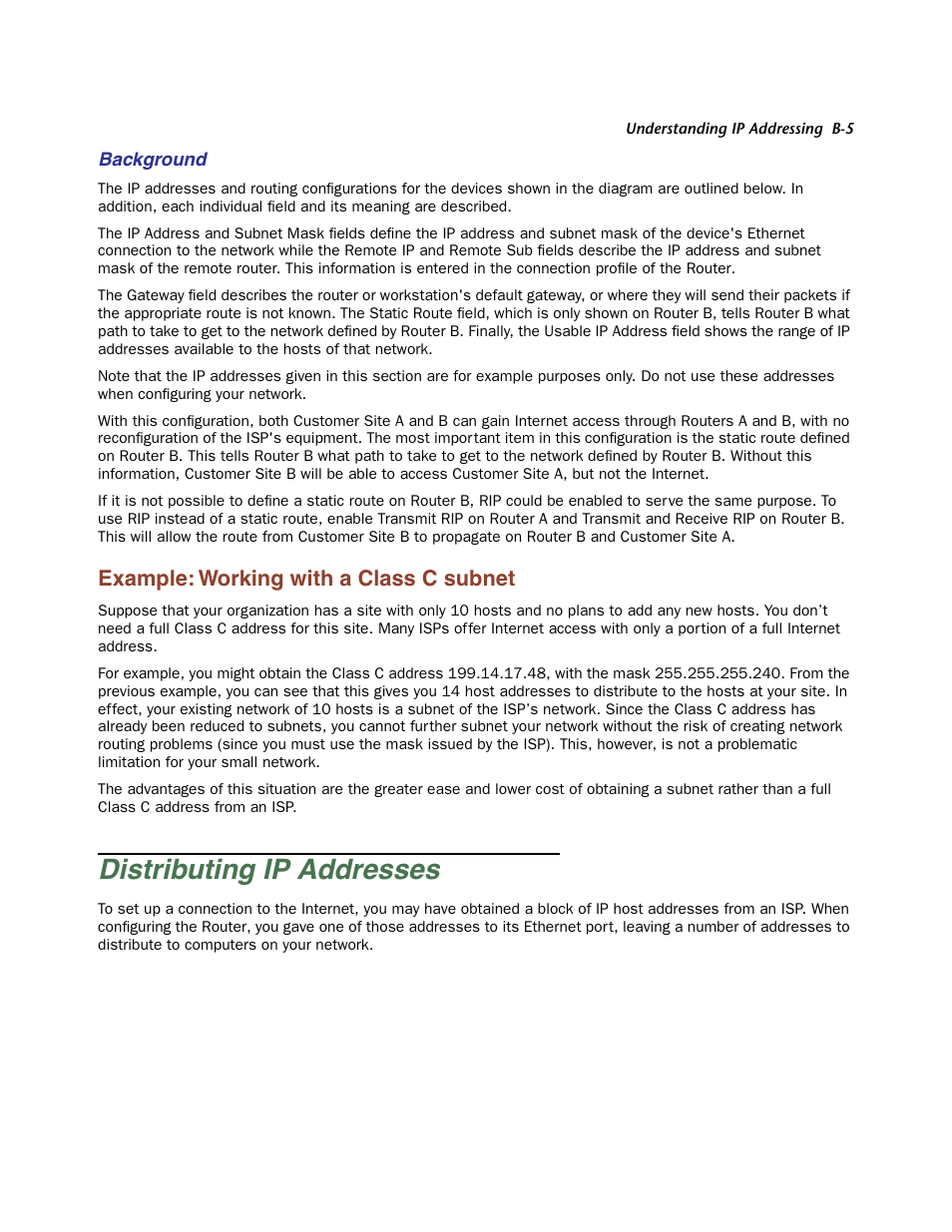 Background, Example: working with a class c subnet, Distributing ip addresses | Netopia Firmware 4000-Series User Manual | Page 297 / 314