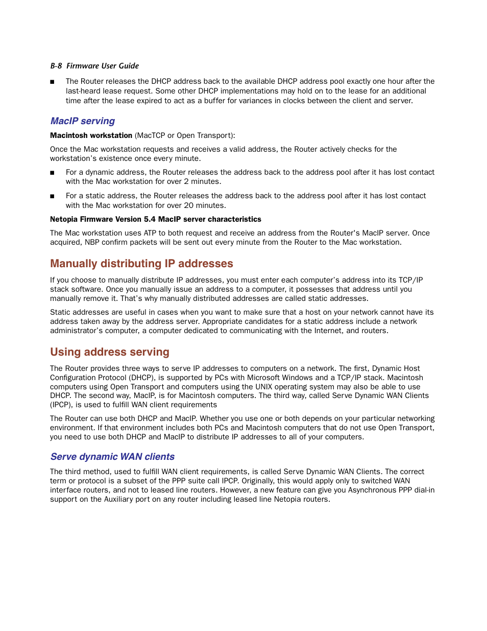 Macip serving, Manually distributing ip addresses, Using address serving | Serve dynamic wan clients | Netopia Firmware 4000-Series User Manual | Page 300 / 314