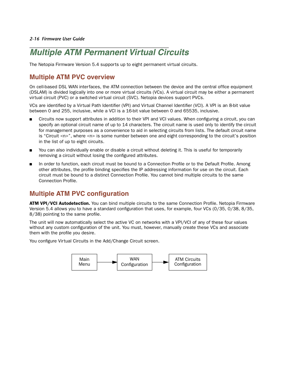 Multiple atm permanent virtual circuits, Multiple atm pvc overview, Multiple atm pvc configuration | Multiple atm permanent vir tual circuits -16, Multiple atm pvc over view -16, Multiple atm pvc configuration -16, Multiple atm pvc configuration | Netopia Firmware 4000-Series User Manual | Page 34 / 314