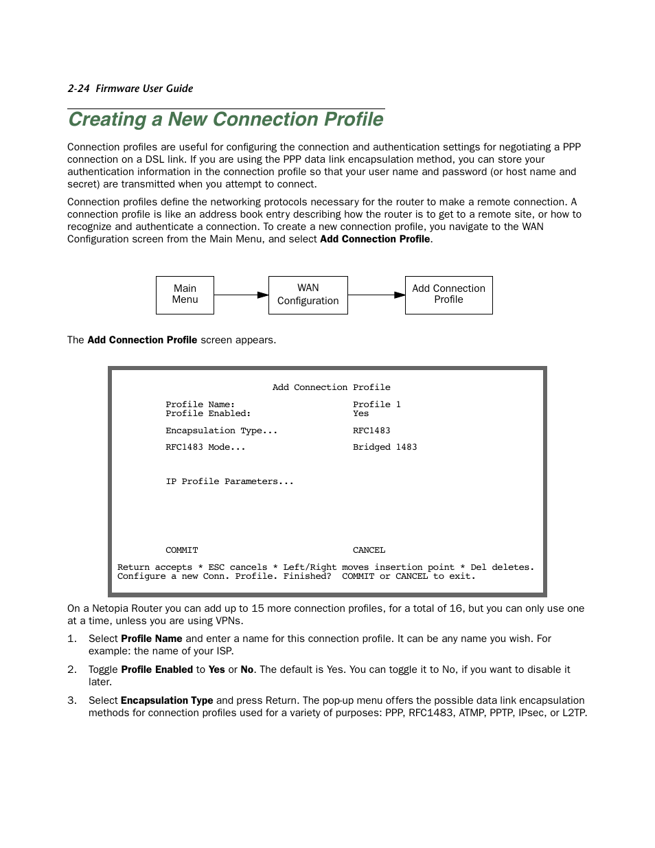 Creating a new connection profile, Creating a new connection profile -24, Creating a new connection proﬁle | Netopia Firmware 4000-Series User Manual | Page 42 / 314