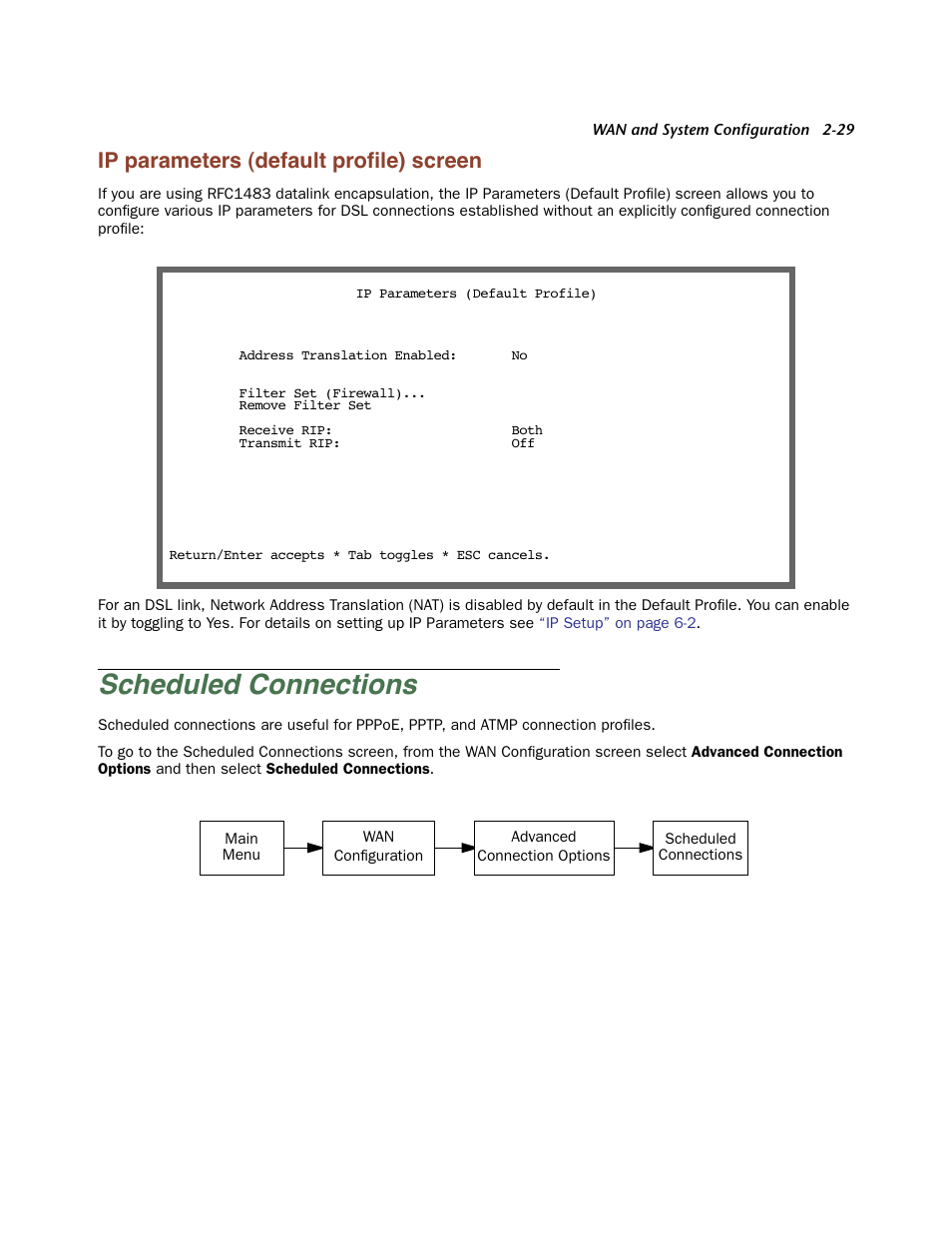 Ip parameters (default profile) screen, Scheduled connections, Ip parameters (default profile) screen -29 | Scheduled connections -29, Ip parameters (default proﬁle) screen | Netopia Firmware 4000-Series User Manual | Page 47 / 314