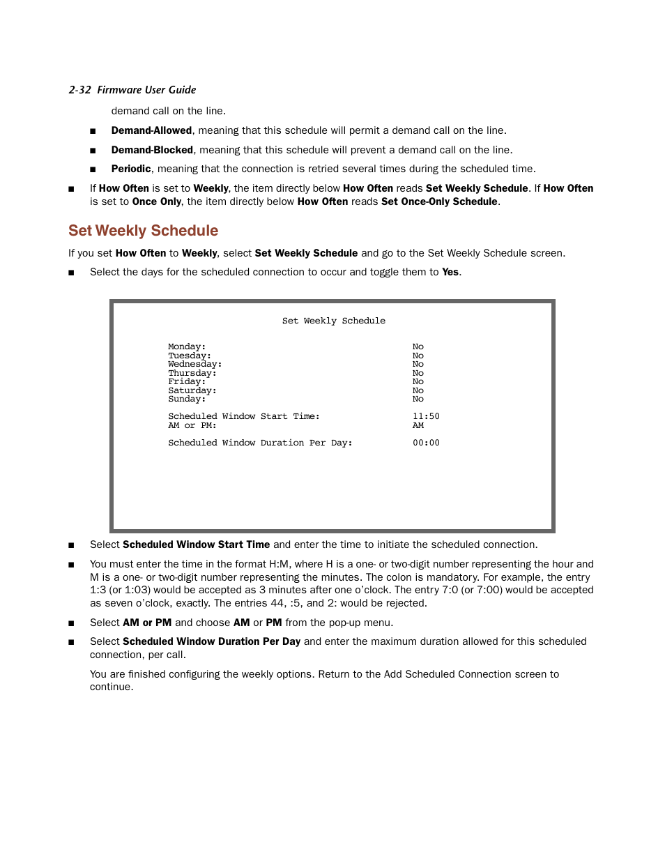 Set weekly schedule, Set weekly schedule -32 | Netopia Firmware 4000-Series User Manual | Page 50 / 314