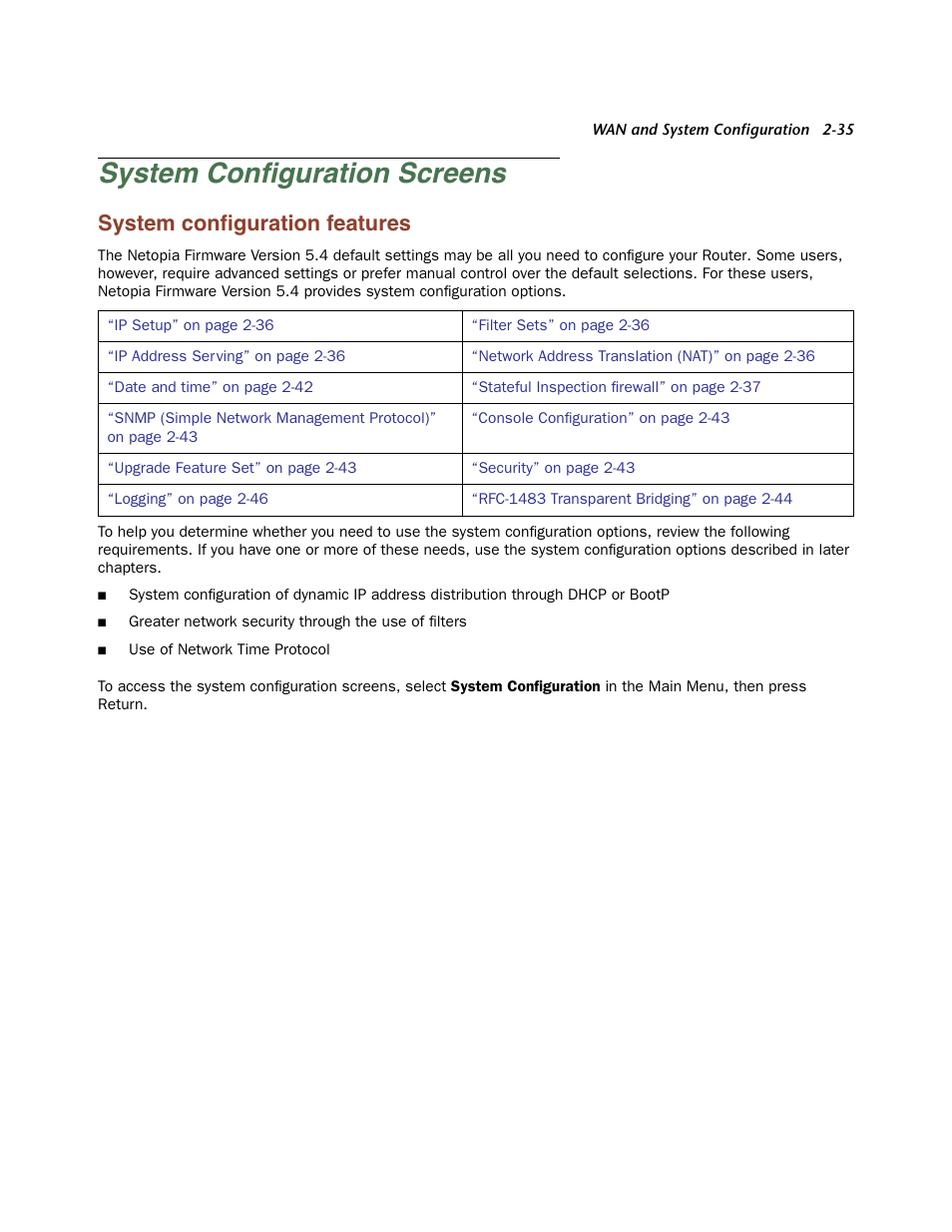 System configuration screens, System configuration features, System configuration screens -35 | System configuration features -35, System conﬁguration screens, System conﬁguration features | Netopia Firmware 4000-Series User Manual | Page 53 / 314