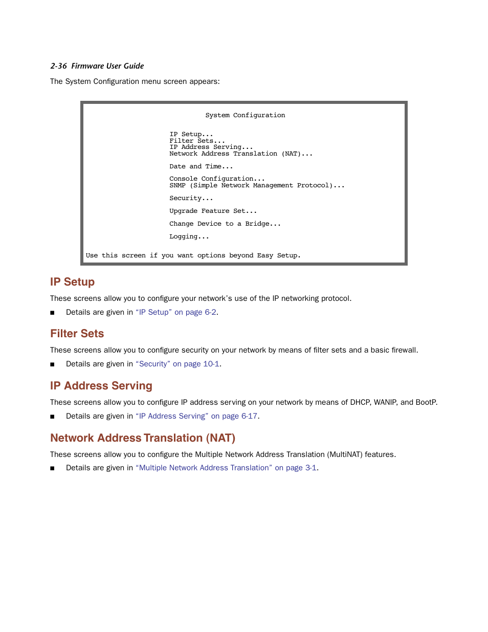 Ip setup, Filter sets, Ip address serving | Network address translation (nat), Ip setup -36, Filter sets -36, Ip address ser ving -36, Network address translation (nat) -36 | Netopia Firmware 4000-Series User Manual | Page 54 / 314