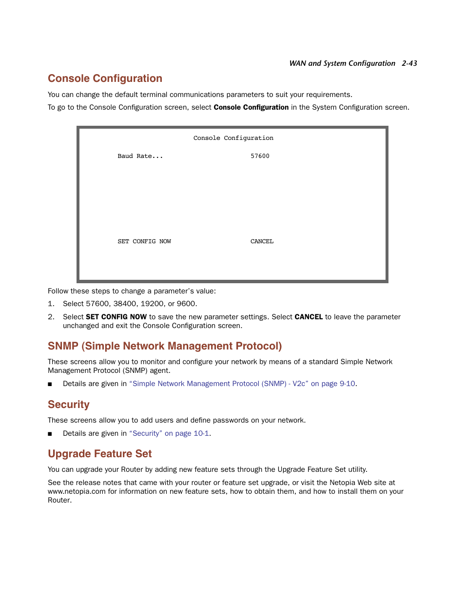 Console configuration, Snmp (simple network management protocol), Security | Upgrade feature set, Console configuration -43, Snmp (simple network management protocol) -43, Security -43, Upgrade feature set -43, Console conﬁguration | Netopia Firmware 4000-Series User Manual | Page 61 / 314