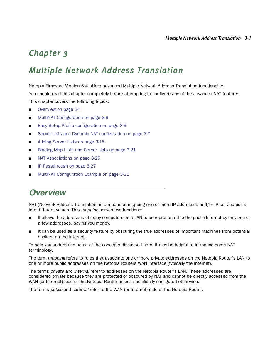 Multiple network address translation, Overview, Over view -1 | Netopia Firmware 4000-Series User Manual | Page 67 / 314