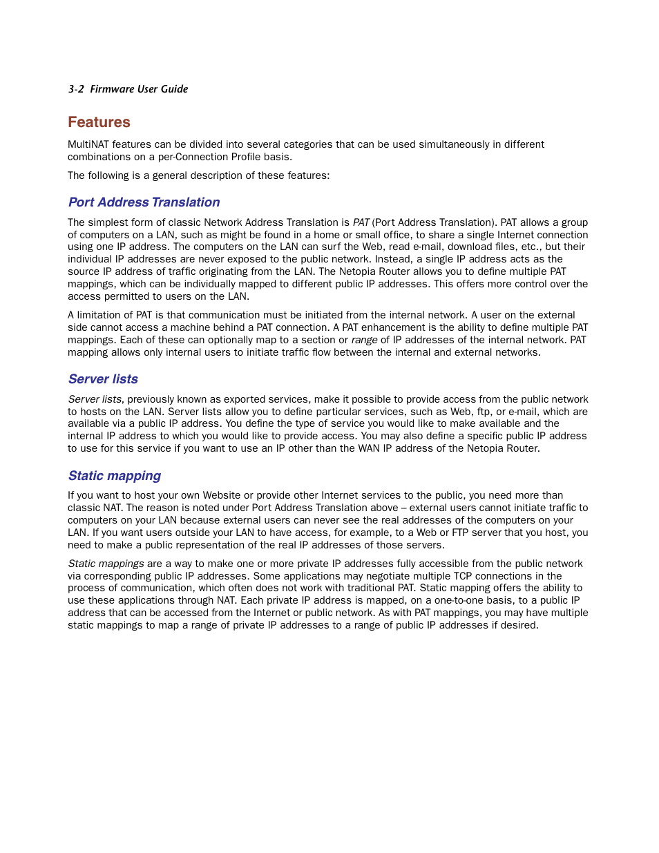 Features, Port address translation, Server lists | Static mapping, Features -2 | Netopia Firmware 4000-Series User Manual | Page 68 / 314