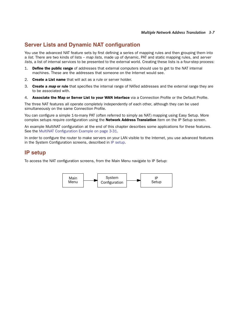 Server lists and dynamic nat configuration, Ip setup, Ser ver lists and dynamic nat configuration -7 | Ip setup -7, Server lists and dynamic nat conﬁguration | Netopia Firmware 4000-Series User Manual | Page 73 / 314