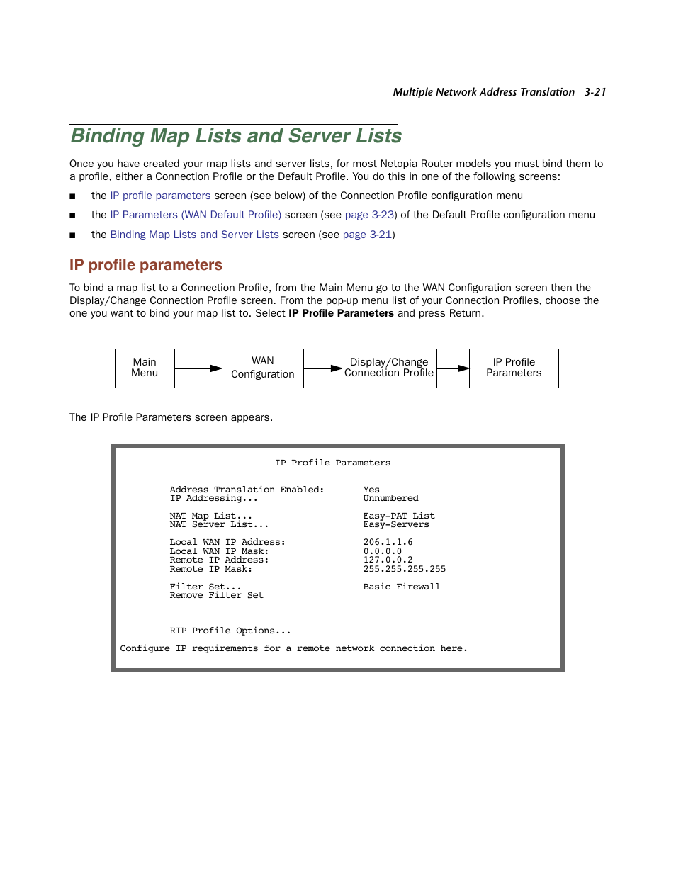 Binding map lists and server lists, Ip profile parameters, Binding map lists and ser ver lists -21 | Ip profile parameters -21, Ip proﬁle parameters | Netopia Firmware 4000-Series User Manual | Page 87 / 314