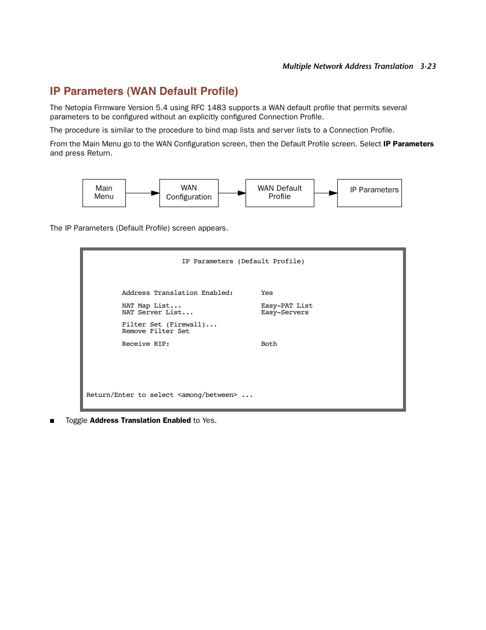 Ip parameters (wan default profile), Ip parameters (wan default profile) -23, Een (see | Ip parameters (wan default proﬁle) | Netopia Firmware 4000-Series User Manual | Page 89 / 314