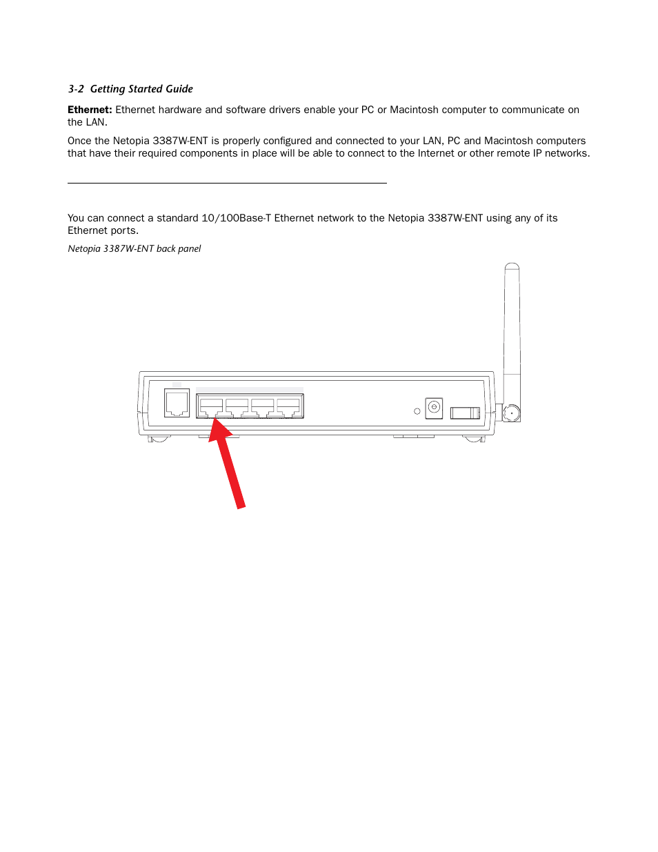 Connecting to an ethernet network, Connecting to an ethernet network -2, Netopia 3387w-ent back panel | Netopia 3387W-ENT User Manual | Page 14 / 44