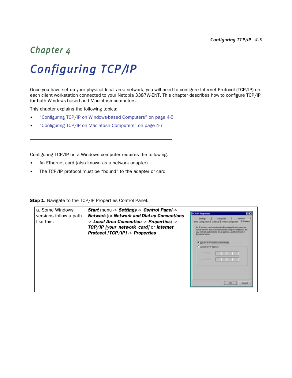 Configuring tcp/ip, Configuring tcp/ip on windows-based computers, Microsoft windows | Chapter 4 — configuring tcp/ip -5, Configuring tcp/ip on windows-based computers -5, Microsoft windows -5, T. see, Configuring tcp/ip on, Macintosh computers use either mactcp or open t | Netopia 3387W-ENT User Manual | Page 17 / 44