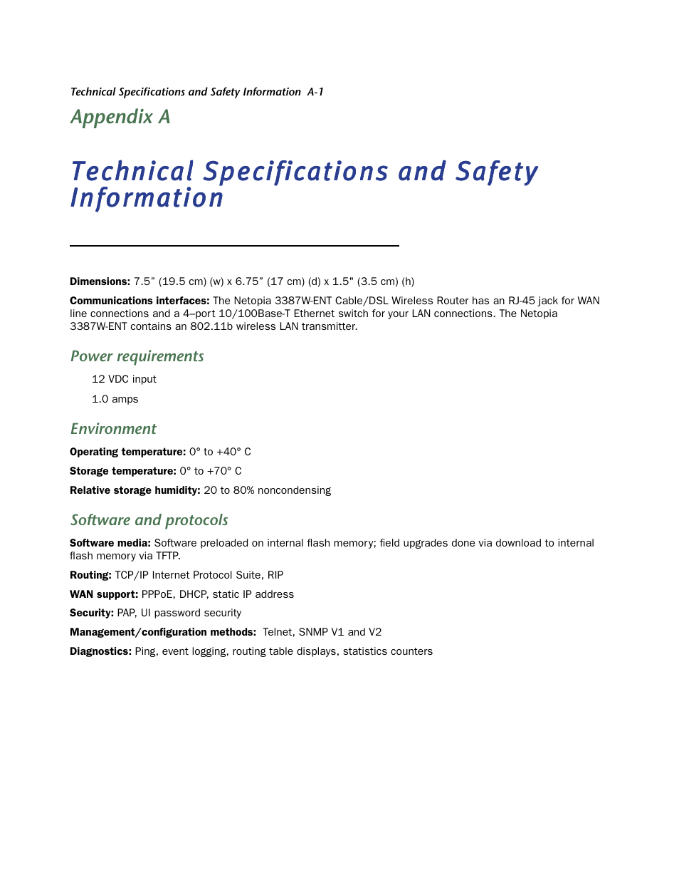 Technical specifications and safety information, Description, Power requirements | Environment, Software and protocols | Netopia 3387W-ENT User Manual | Page 39 / 44