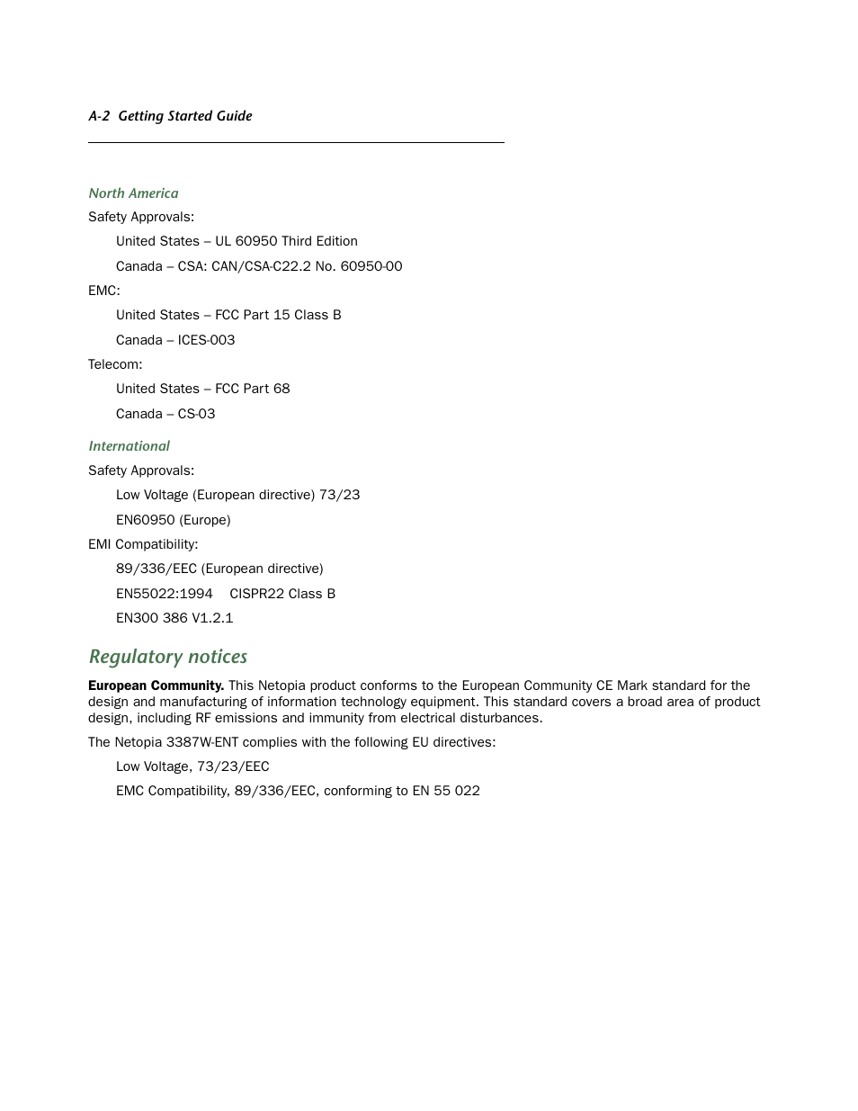 Agency approvals, Regulatory notices | Netopia 3387W-ENT User Manual | Page 40 / 44