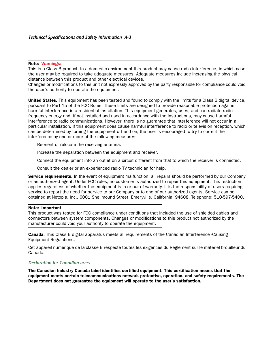 Manufacturer’s declaration of conformance | Netopia 3387W-ENT User Manual | Page 41 / 44