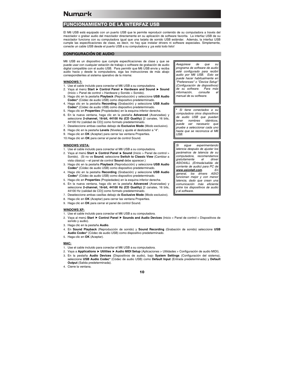 Funcionamiento de la interfaz usb | Numark Industries M6 User Manual | Page 10 / 24