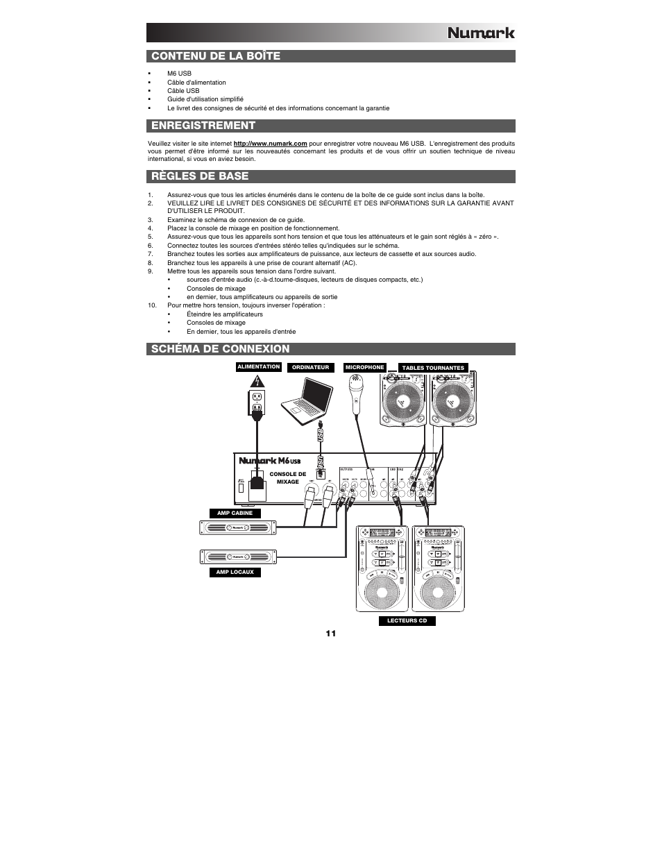 Contenu de la boîte, Enregistrement, Règles de base | Schéma de connexion | Numark Industries M6 User Manual | Page 11 / 24