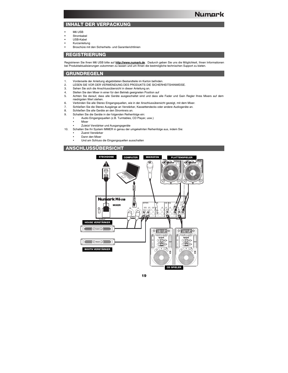 Inhalt der verpackung, Registrierung, Grundregeln | Anschlussübersicht | Numark Industries M6 User Manual | Page 19 / 24