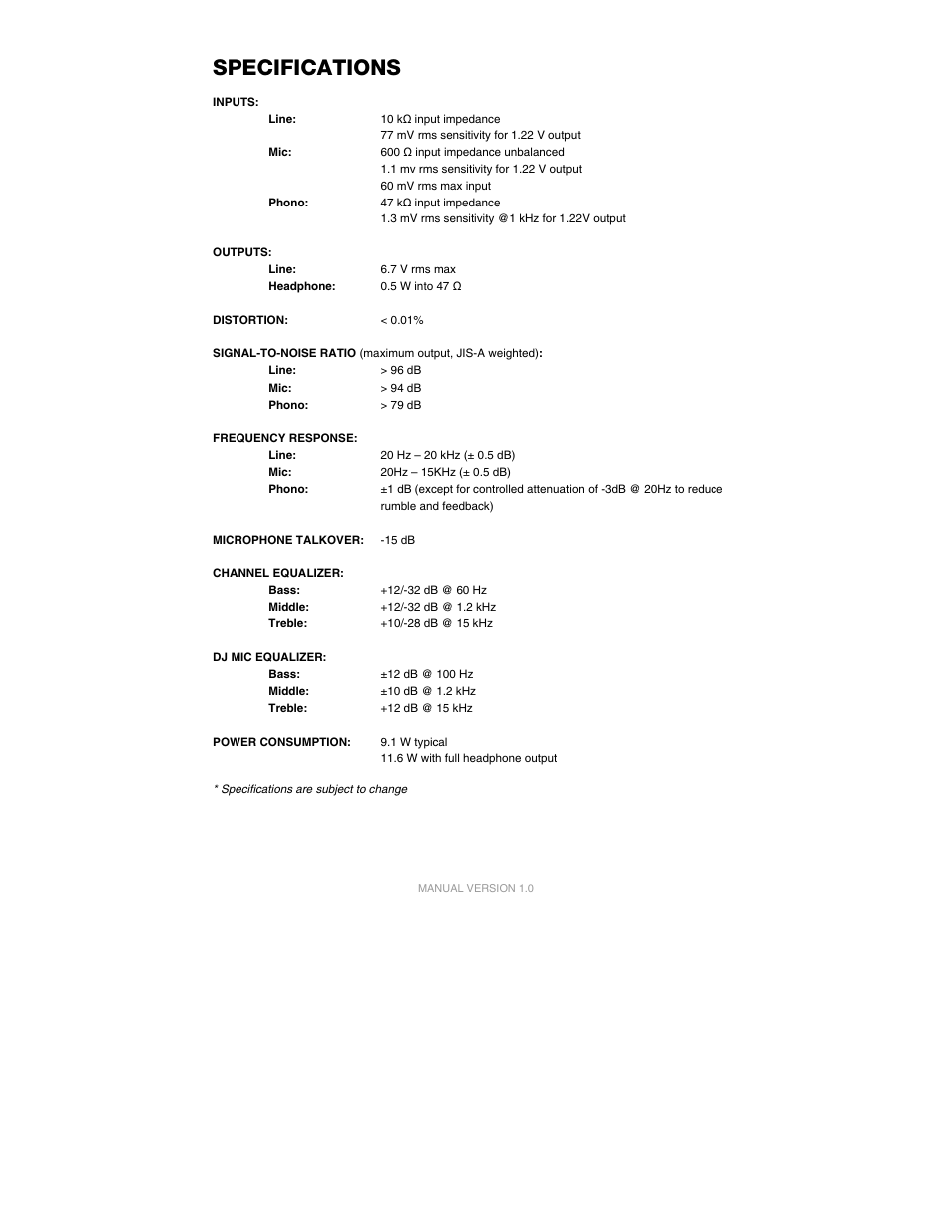 Specifications | Numark Industries M6 User Manual | Page 23 / 24