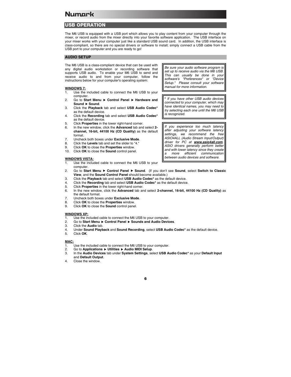 Usb operation | Numark Industries M6 User Manual | Page 6 / 24