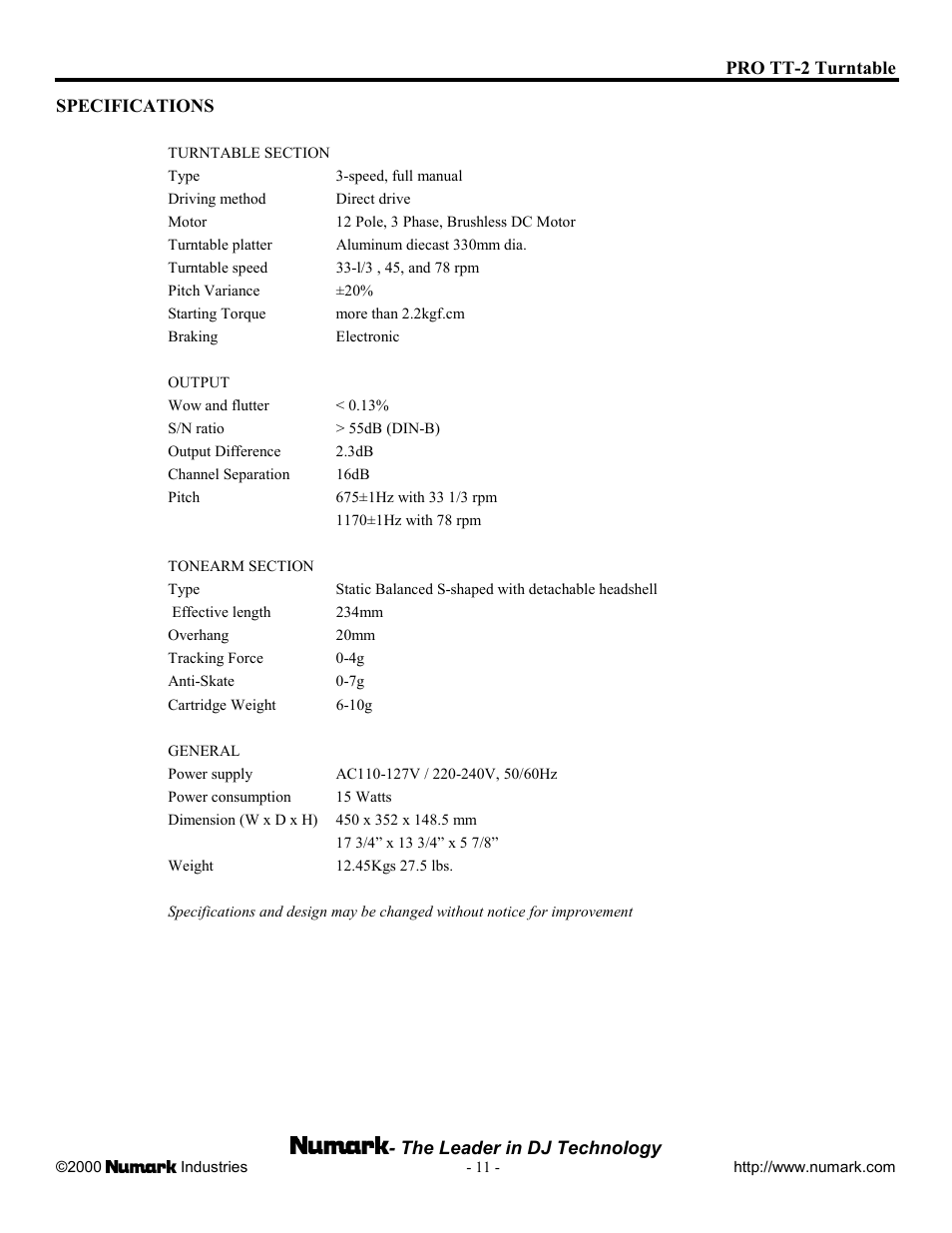 Numark Industries PRO TT-2 User Manual | Page 11 / 12