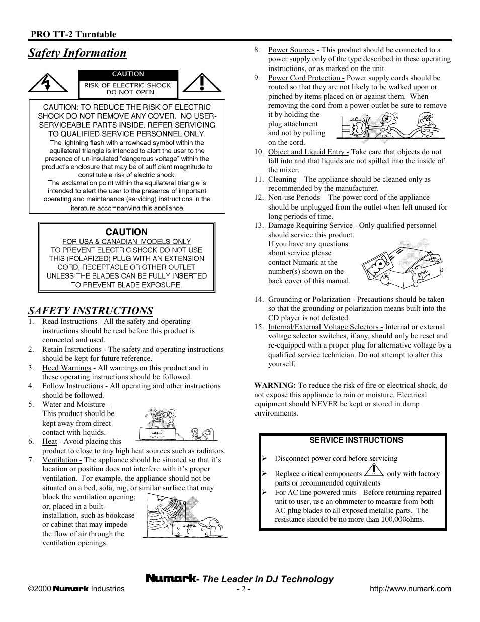 Safety information, Safety instructions | Numark Industries PRO TT-2 User Manual | Page 2 / 12