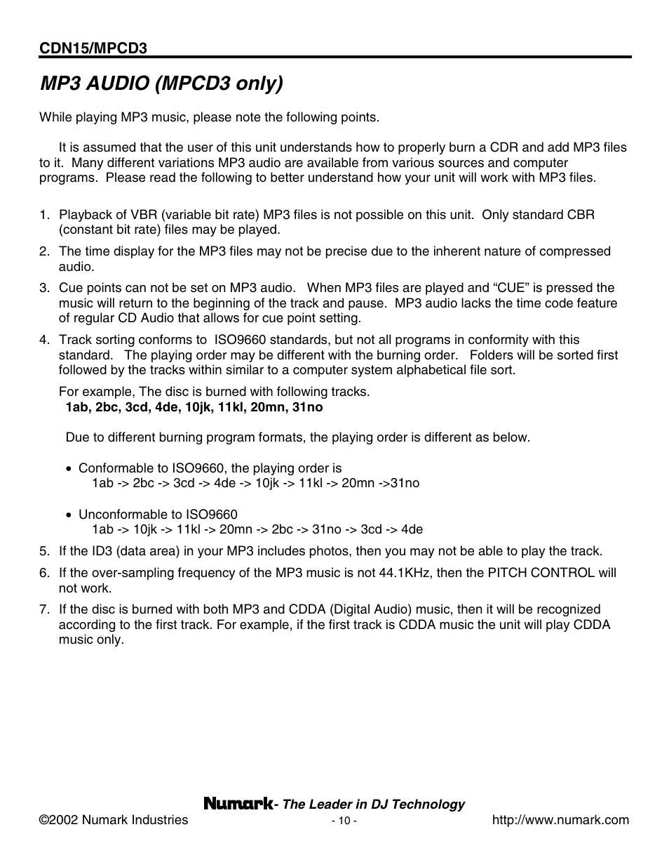 Mp3 audio (mpcd3 only) | Numark Industries MPCD3 User Manual | Page 10 / 16