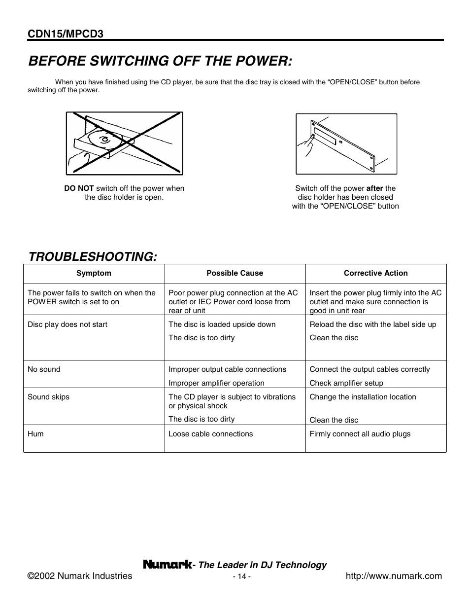Before switching off the power, Troubleshooting, Cdn15/mpcd3 | Numark Industries MPCD3 User Manual | Page 14 / 16