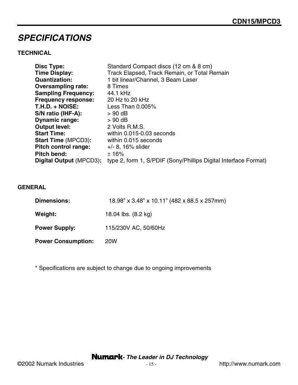 Specifications | Numark Industries MPCD3 User Manual | Page 15 / 16