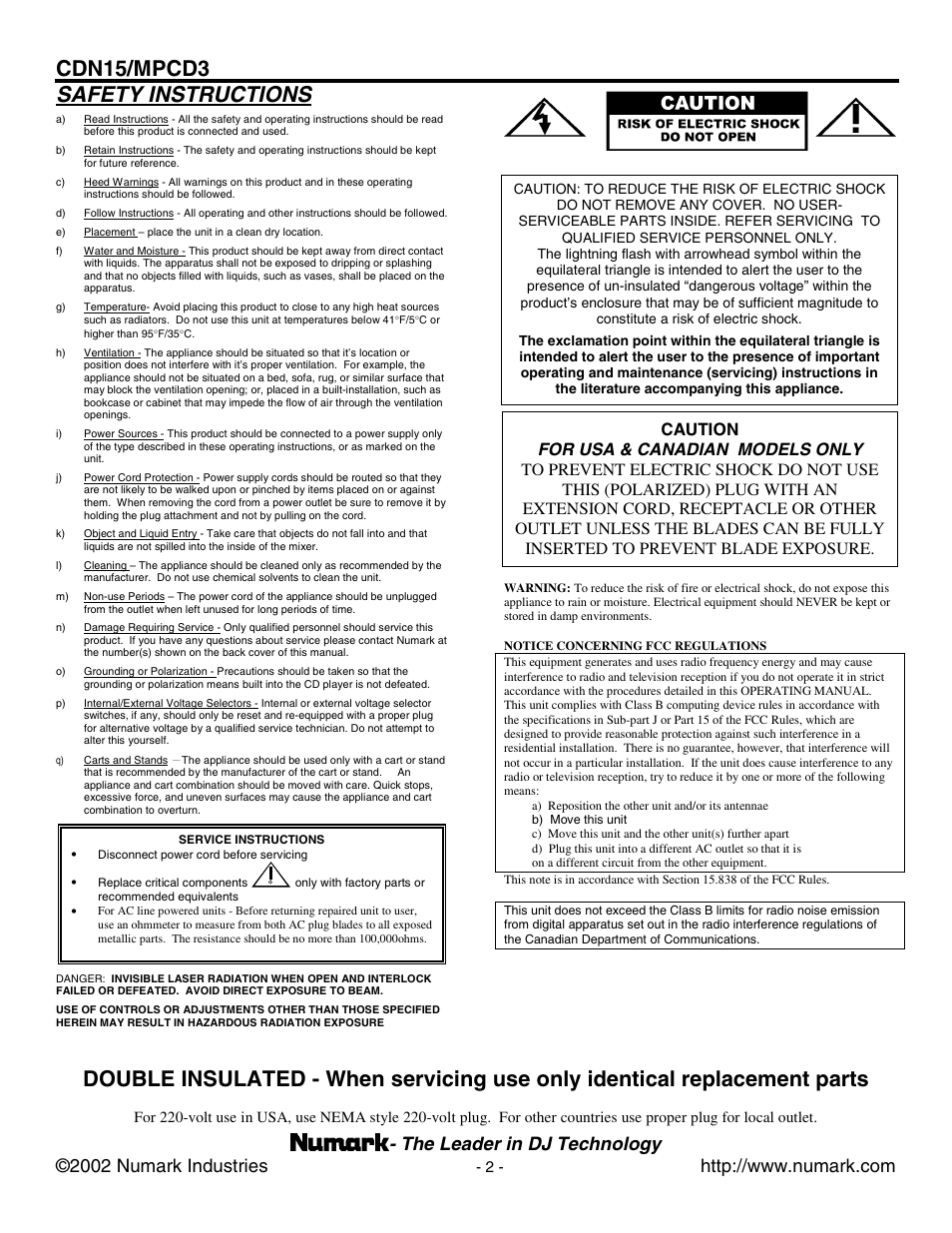 Safety instructions, Cdn15/mpcd3 | Numark Industries MPCD3 User Manual | Page 2 / 16