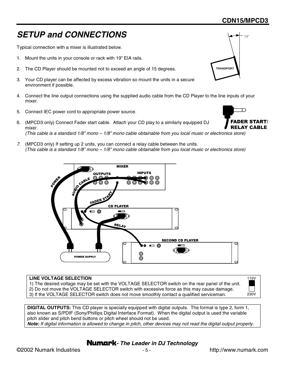 Line voltage selection, Setup and connections, Cdn15/mpcd3 | Numark Industries MPCD3 User Manual | Page 5 / 16