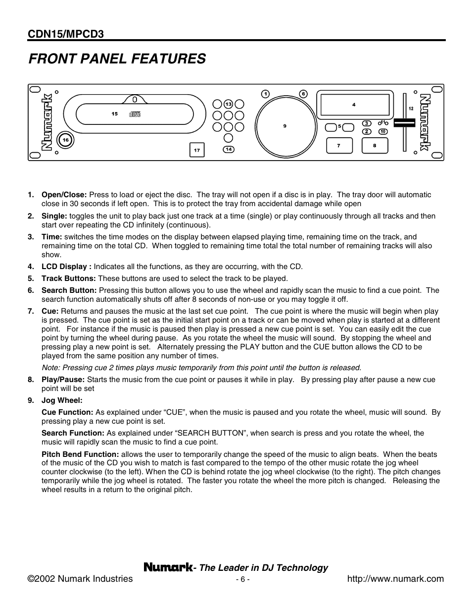 Front panel features, Cdn15/mpcd3 | Numark Industries MPCD3 User Manual | Page 6 / 16