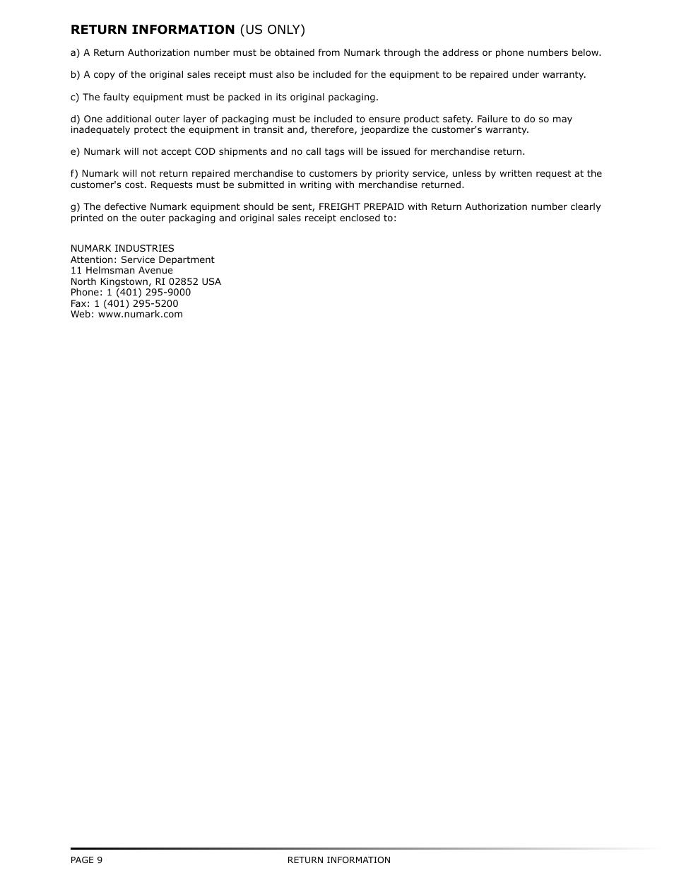 Return information (us only) | Numark Industries DM-950 User Manual | Page 10 / 12