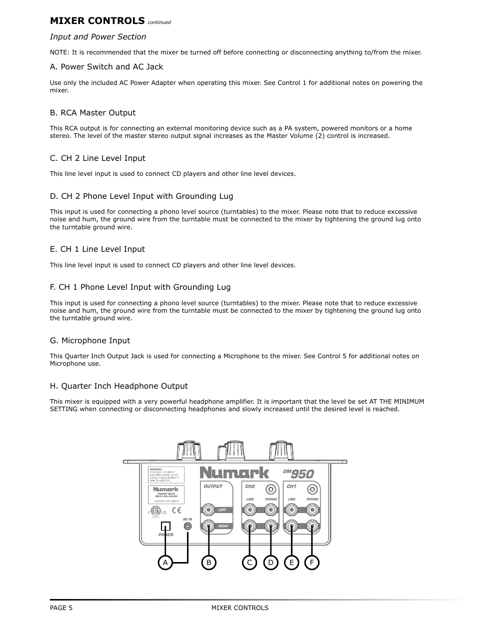Mixer controls | Numark Industries DM-950 User Manual | Page 6 / 12