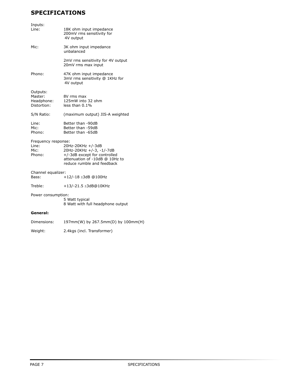 Specifications | Numark Industries DM-950 User Manual | Page 8 / 12