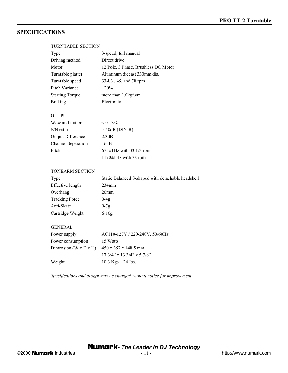 Numark Industries TT-100 User Manual | Page 11 / 12