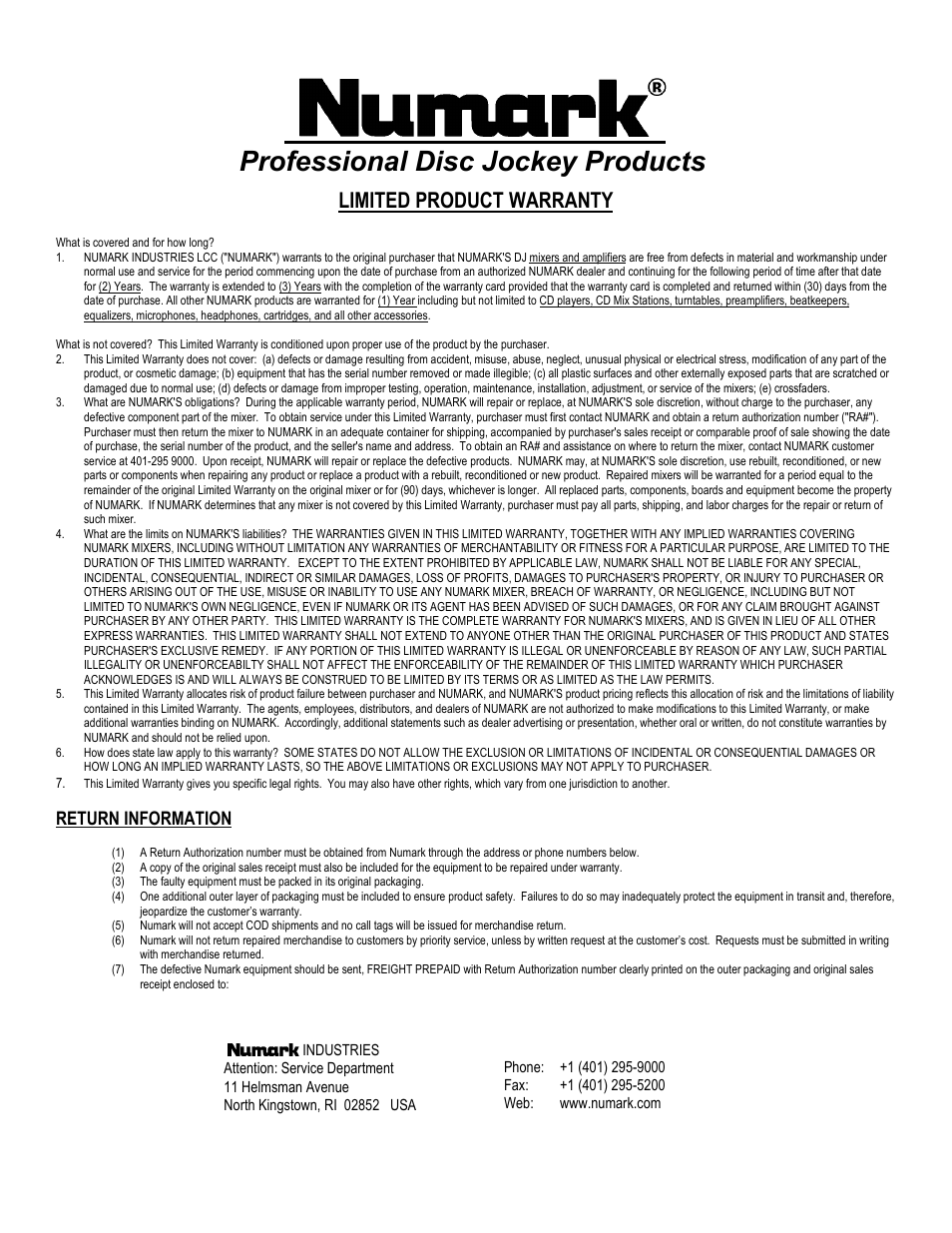 Limited product warranty, Professional disc jockey products, Return information | Numark Industries TT-100 User Manual | Page 12 / 12