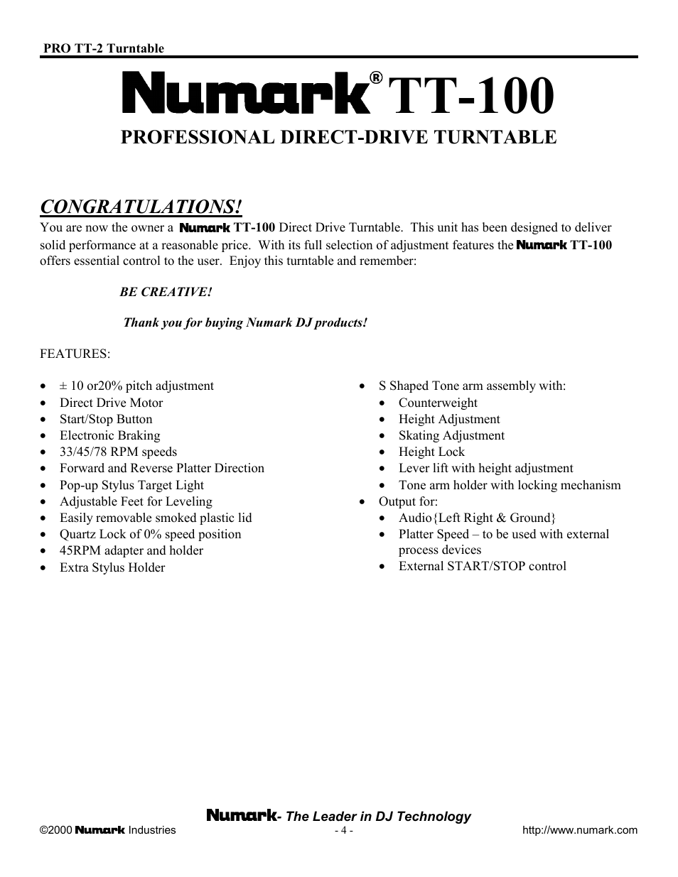 Tt-100 | Numark Industries TT-100 User Manual | Page 4 / 12