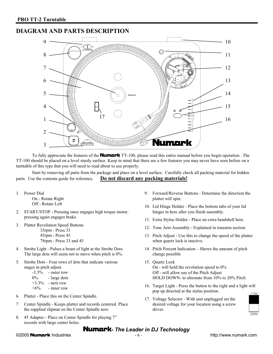 Diagram and parts description | Numark Industries TT-100 User Manual | Page 6 / 12