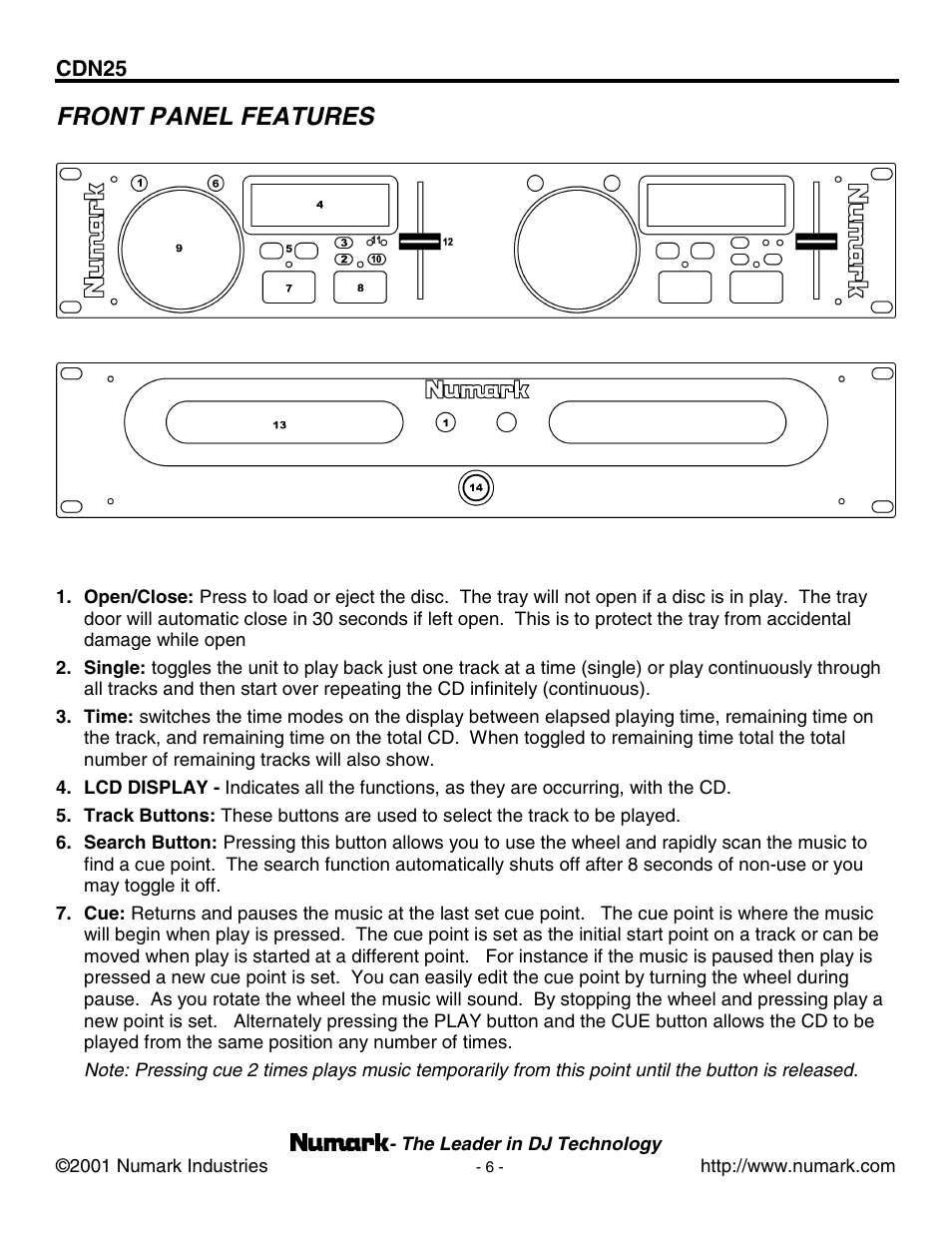 Front panel features | Numark Industries CDN25 User Manual | Page 6 / 16