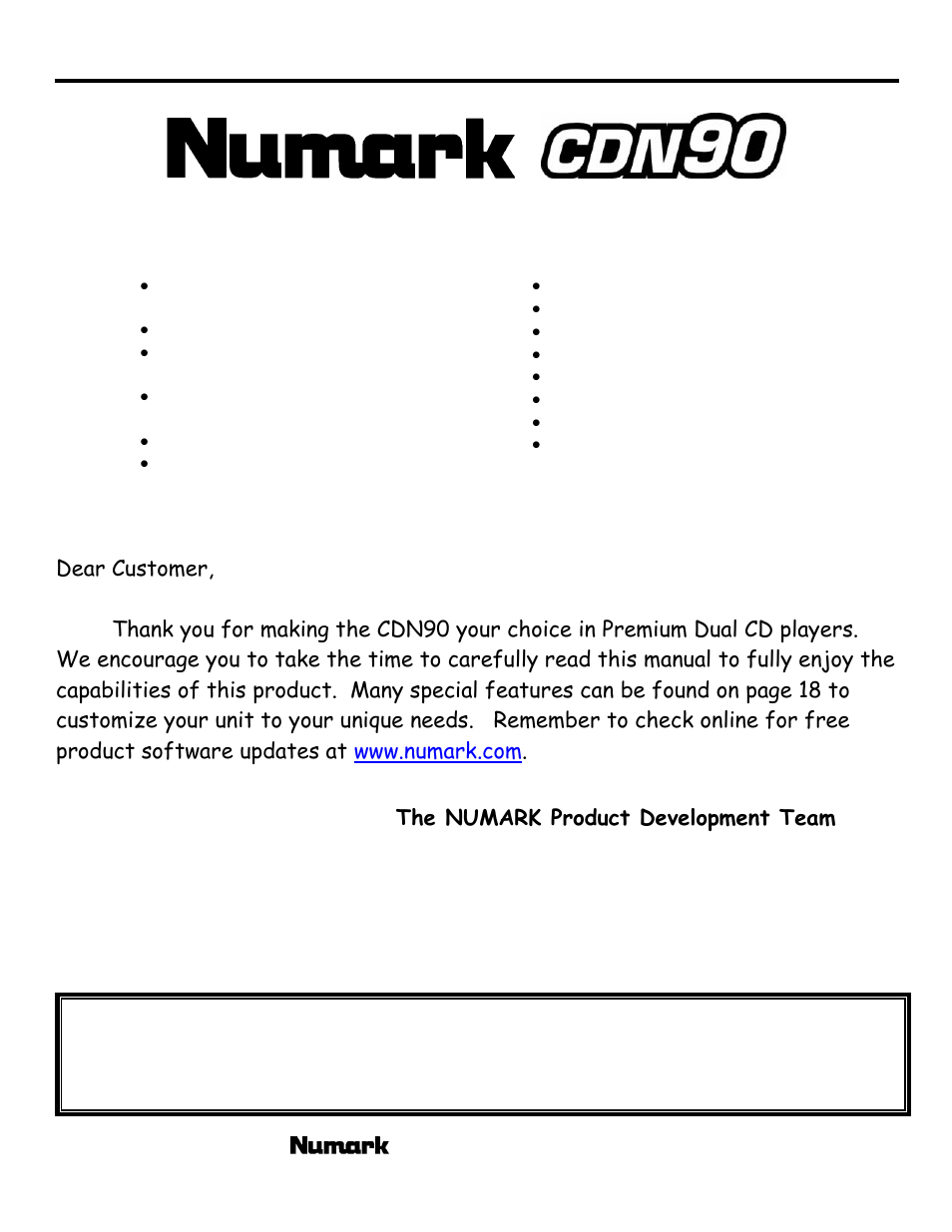 The numark product development team | Numark Industries CDN90 User Manual | Page 4 / 24