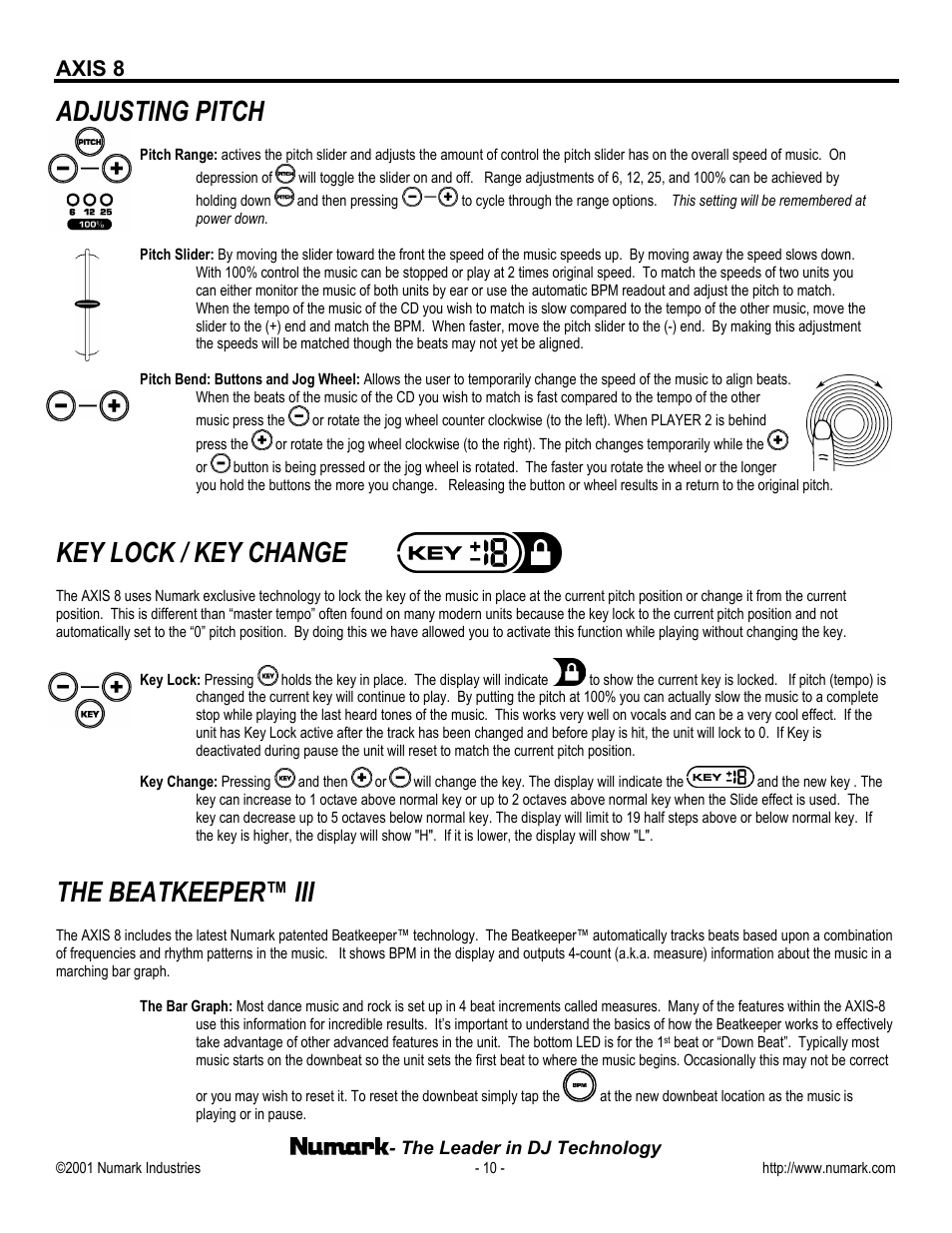 Adjusting pitch, Key lock / key change, The beatkeeper™ iii | Axis 8 | Numark Industries AXIS 8 Premium User Manual | Page 10 / 20
