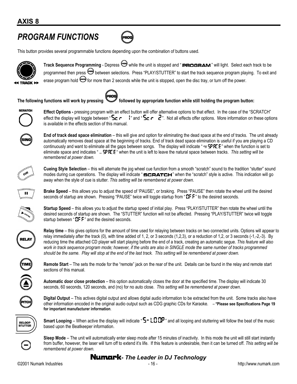 Program functions, Axis 8 | Numark Industries AXIS 8 Premium User Manual | Page 16 / 20