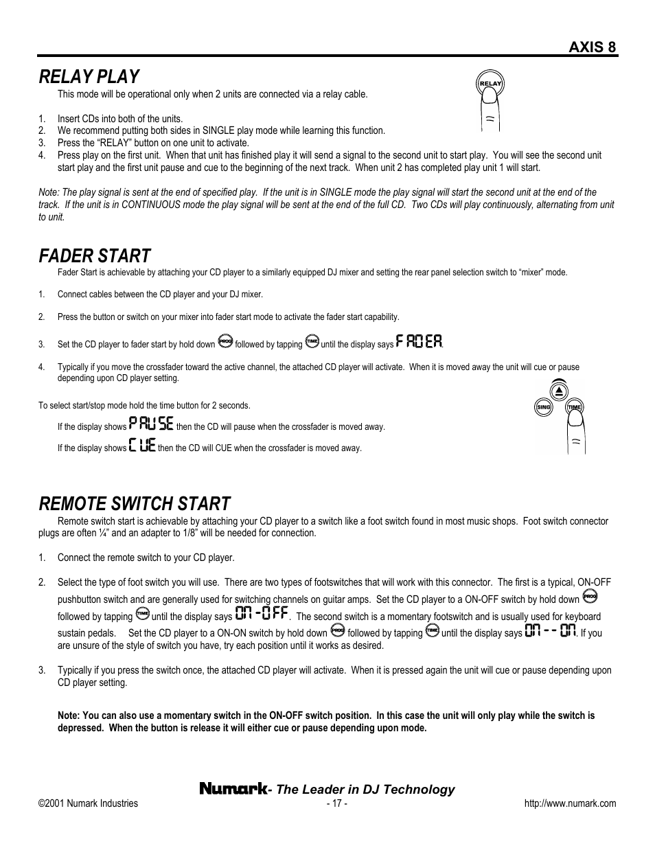 Relay play, Fader start, Remote switch start | Axis 8 | Numark Industries AXIS 8 Premium User Manual | Page 17 / 20