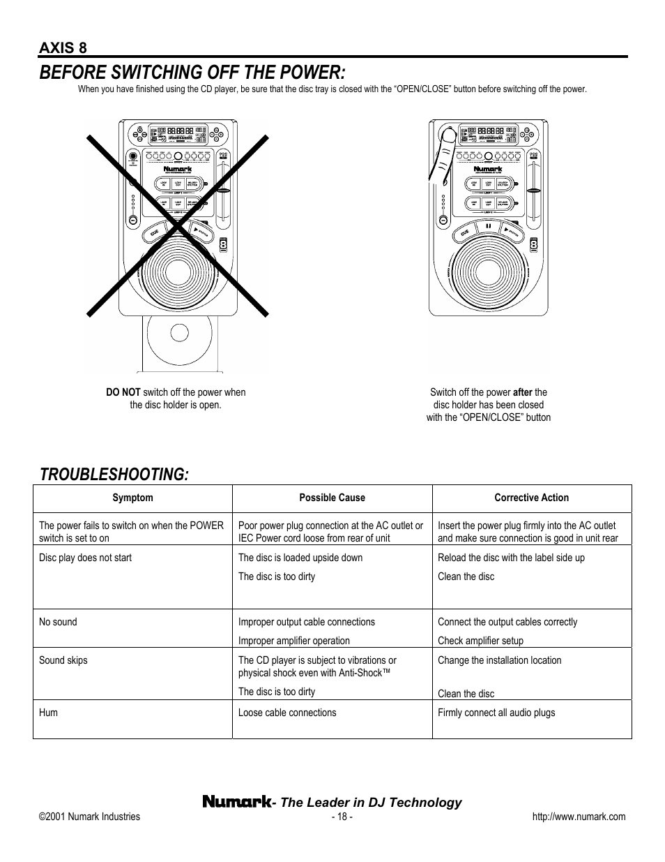 Before switching off the power, Troubleshooting, Axis 8 | Numark Industries AXIS 8 Premium User Manual | Page 18 / 20
