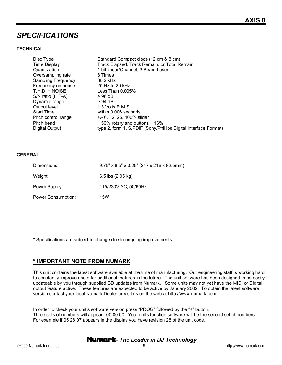 Specifications, Axis 8 | Numark Industries AXIS 8 Premium User Manual | Page 19 / 20