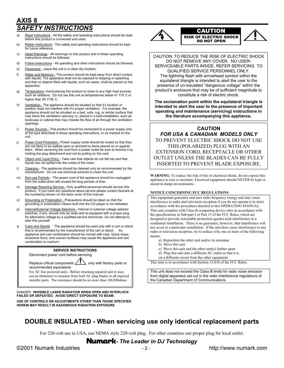 Axis 8, Safety instructions | Numark Industries AXIS 8 Premium User Manual | Page 2 / 20