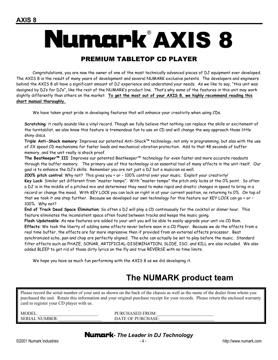 The numark product team, Axis 8, Premium tabletop cd player | Numark Industries AXIS 8 Premium User Manual | Page 4 / 20