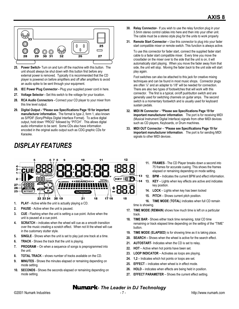 Display features, Axis 8 | Numark Industries AXIS 8 Premium User Manual | Page 7 / 20